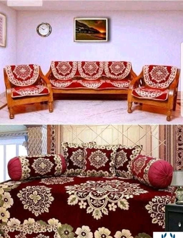 Kanha Décor presents Chenille attractive designer Diwan set which contain 1 bedsheet , 2 bolster with 5 cushion cover & 10 pcs set sofa cover -  Free Size, Maron, Chenile, Multipack :1